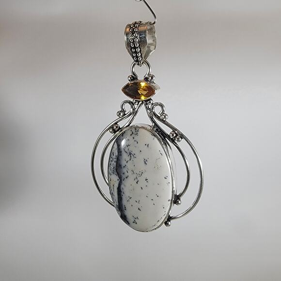 Dendritic Opal Pendant – With Citrine Accent + 20" Sterling Silver Snake Chain - Picture 1 of 10